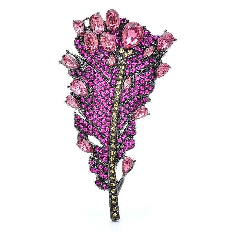 Rhinestone Feathered Leaf Brooch — Pink