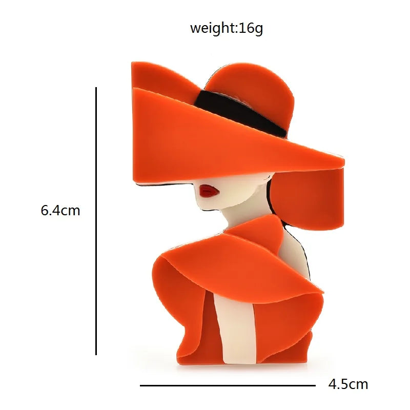 Wide-Brim Hat Lady Acrylic Brooch