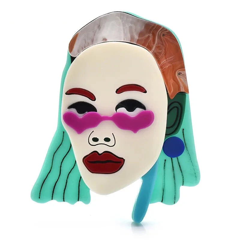 Acrylic Woman with Bold Makeup Brooch — Turquoise Hair