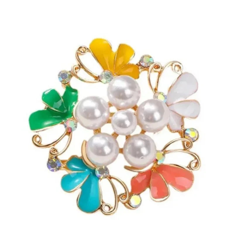Multicolor Enamel Flower Wreath with Pearl-Look Beads Brooch — Multicolor Floral Wreath