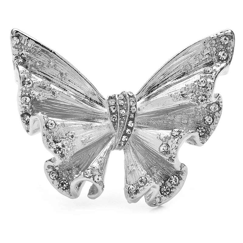 Pleated Butterfly with Rhinestone Edges Brooch — Silver