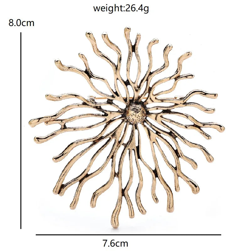 Sculptural Sunburst with Rhinestone Center Brooch — dimensions