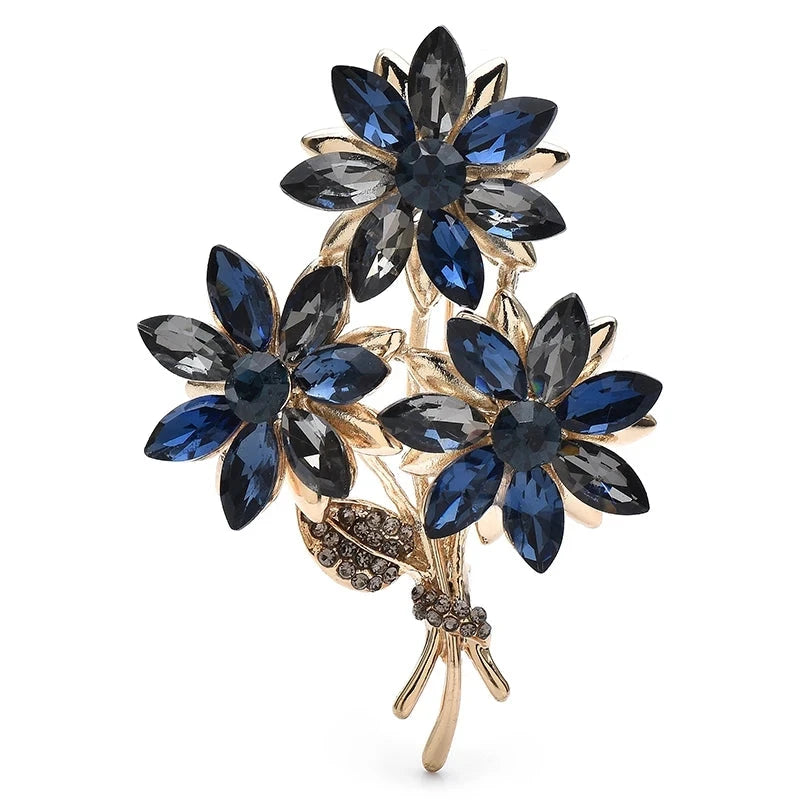 Marquise Rhinestone Three-Flower Bouquet Brooch — Blue