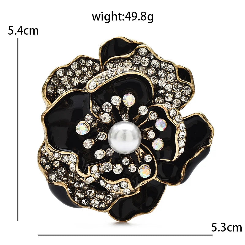 Jeweled Enamel Camellia with Pearl-Look Center Brooch — dimensions