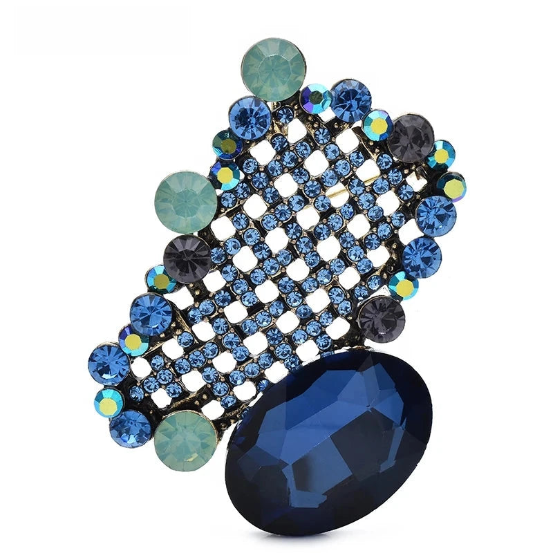 Jeweled Lattice with Faceted Oval Brooch — Blue