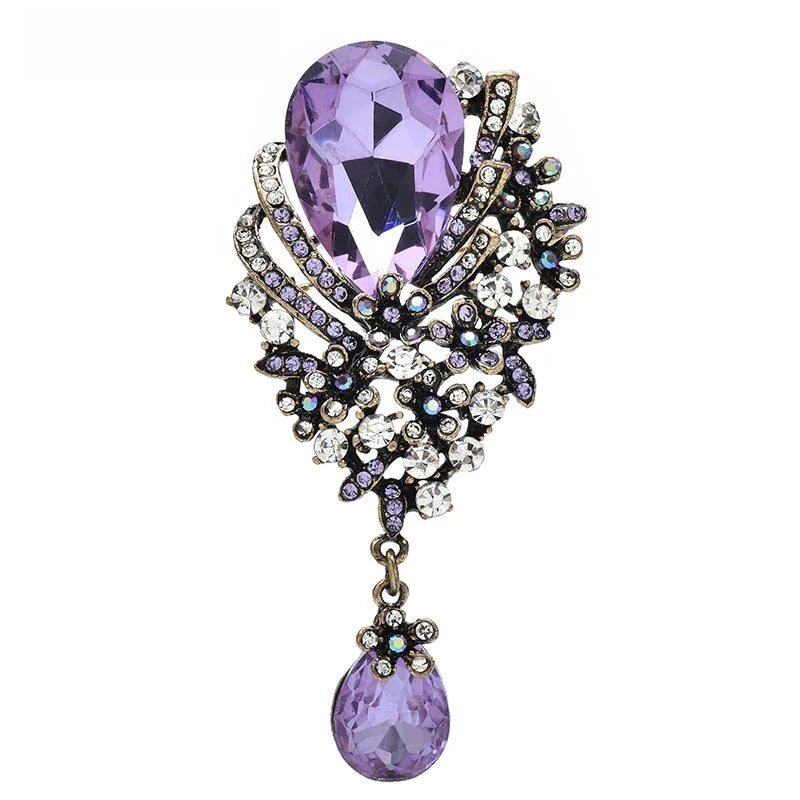 Floral Teardrop with Dangling Stone Brooch — Purple