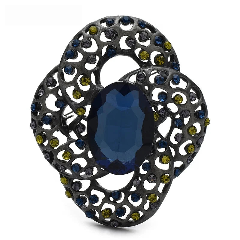 Vintage-Style Openwork Oval Flower Brooch — Blue