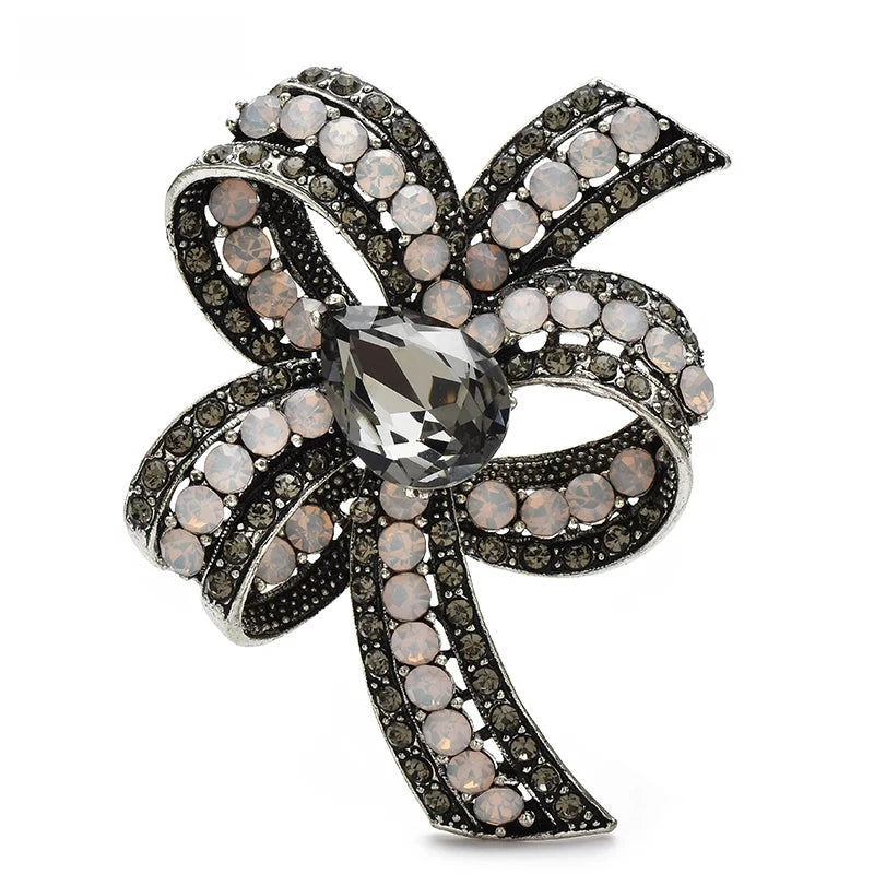 Vintage-Style Faceted Bow with Flower Loops Brooch — Gray