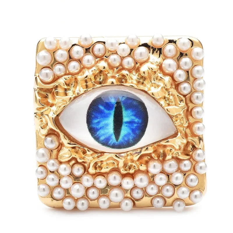 Pearl-Look Square Frame with Colorful Eye Brooch — Dark Blue