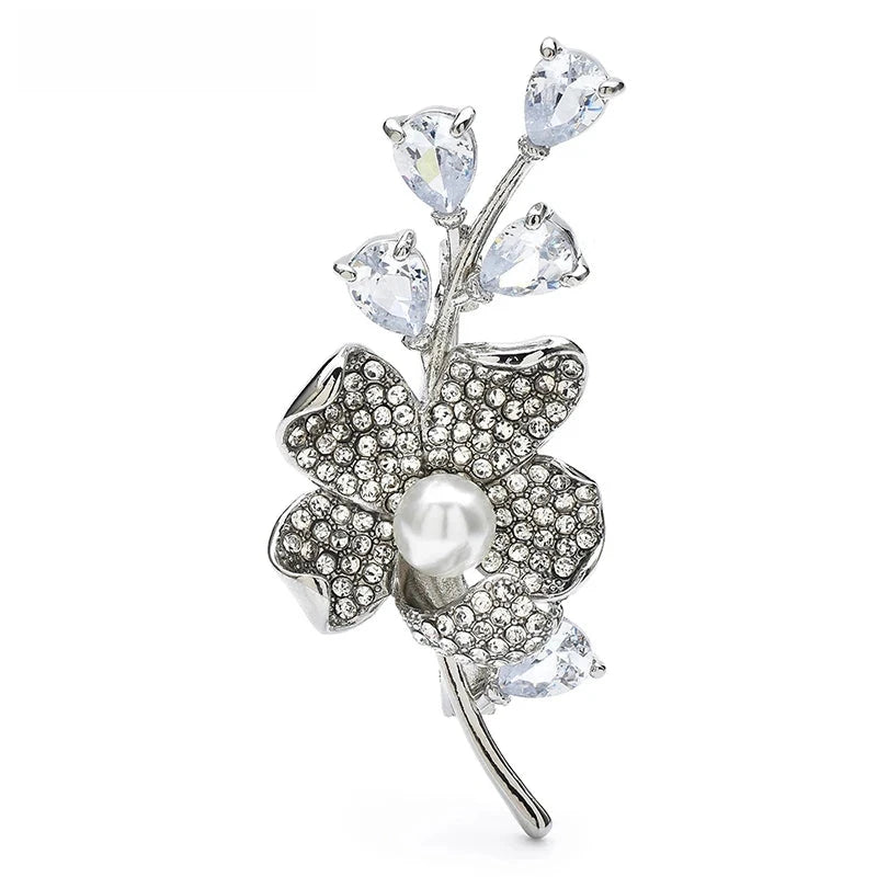 Crystal Plum Blossom Sprig Brooch — Silver