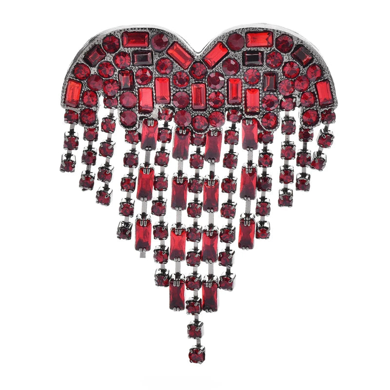 Red Rhinestone Heart with Hanging Fringe Brooch — Red Rhinestone Heart