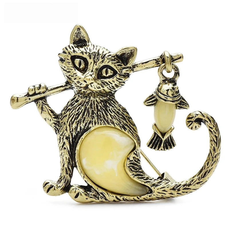 Vintage-Style Cat Holding a Fish Brooch — Gold