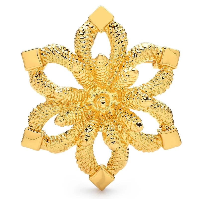 Textured Six-Petal Snowflake Brooch — Gold
