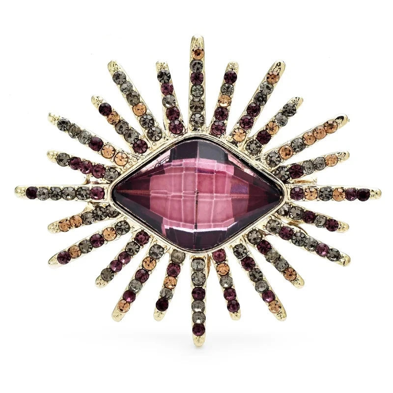 Faceted Eye with Radiating Rhinestone Rays Brooch — Pink & Brown