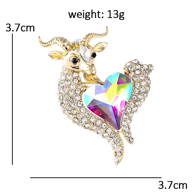 Heart-Centered Sparkling Goat Brooch