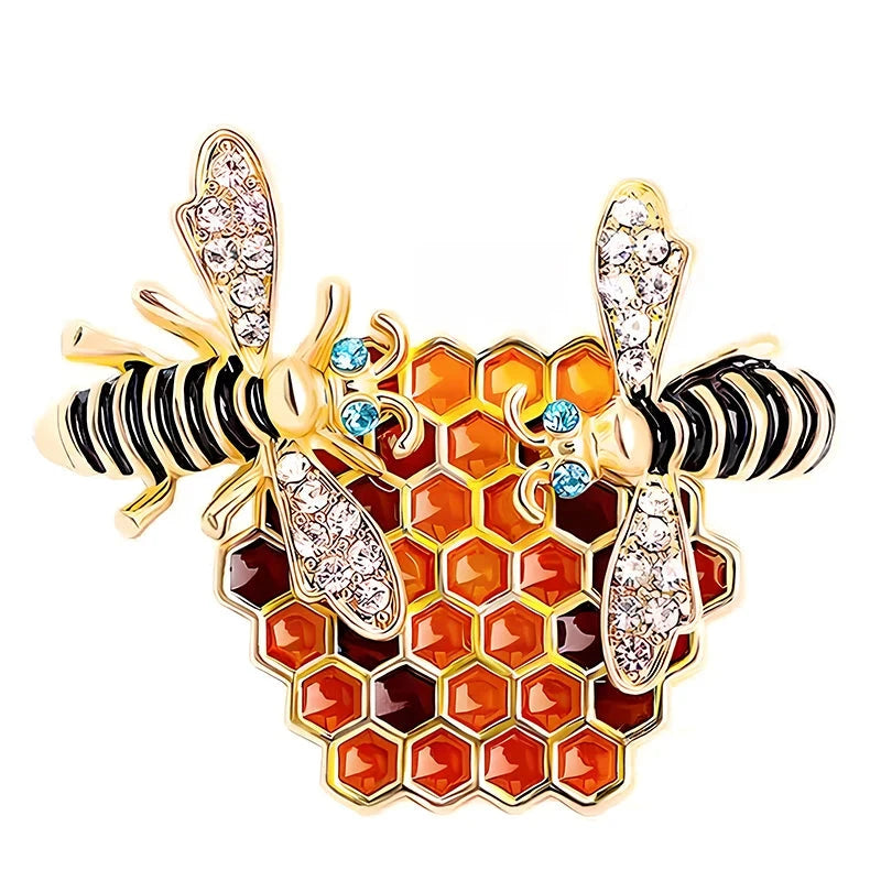 Bees on Amber Honeycomb Brooch — Amber & Gold