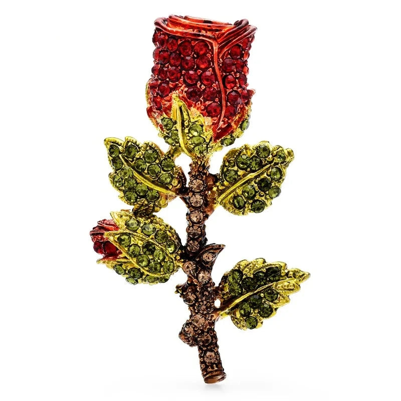 Rhinestone Rosebud Stem Brooch — Red