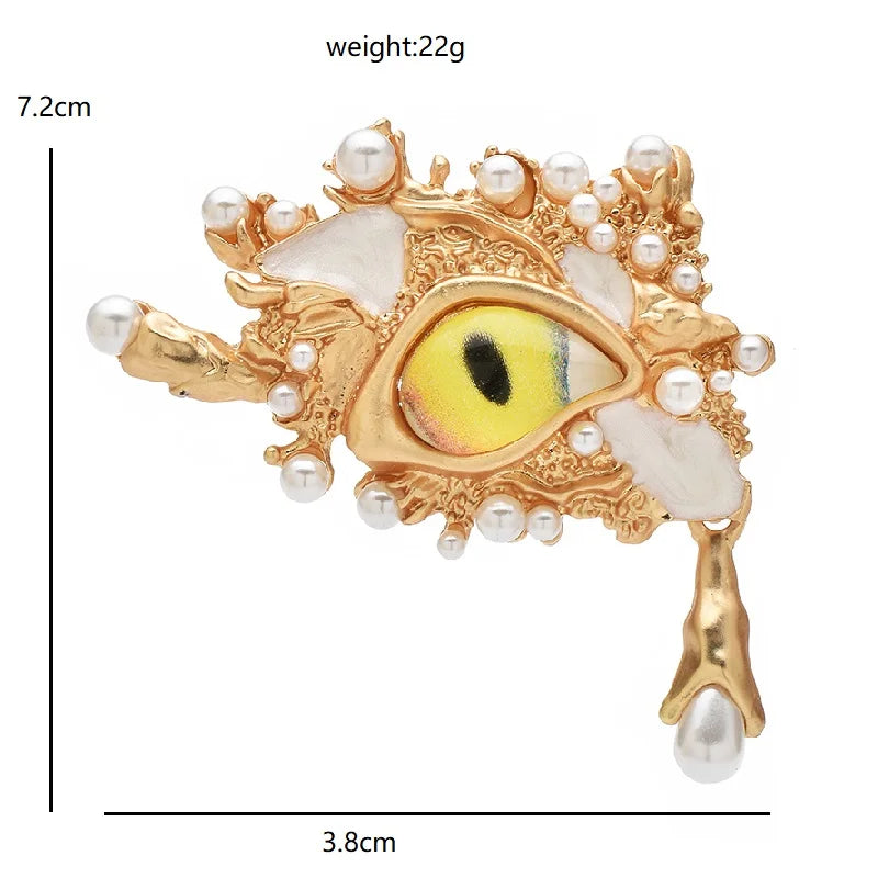 Surreal Yellow Eye with Pearl-Look and Teardrop Accents Brooch dimensions and weight