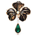 Enamel Flower with Teardrop Pendant Brooch — Black & Green