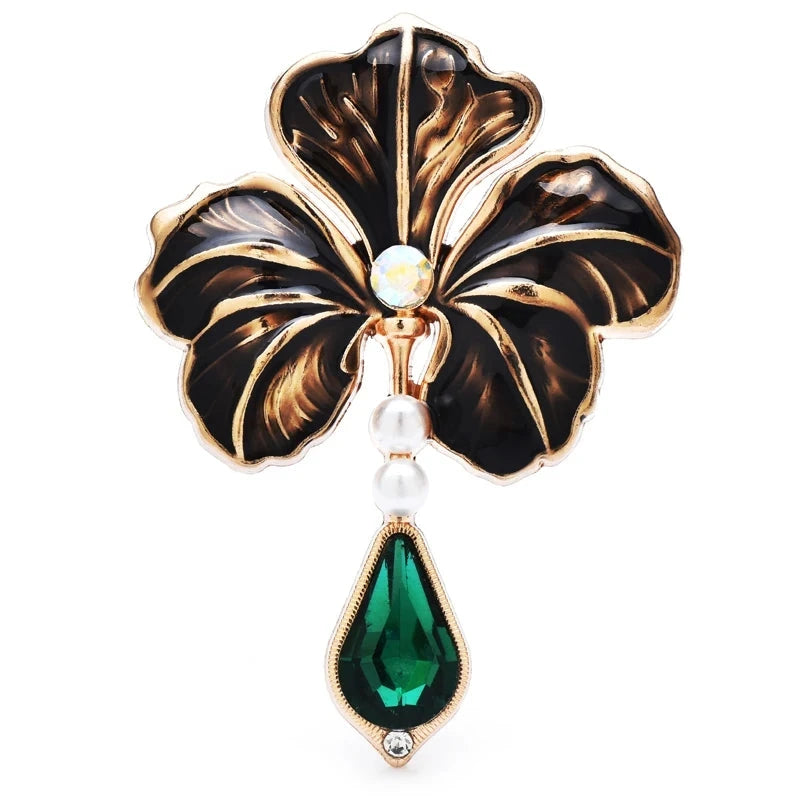 Enamel Flower with Teardrop Pendant Brooch — Black & Green