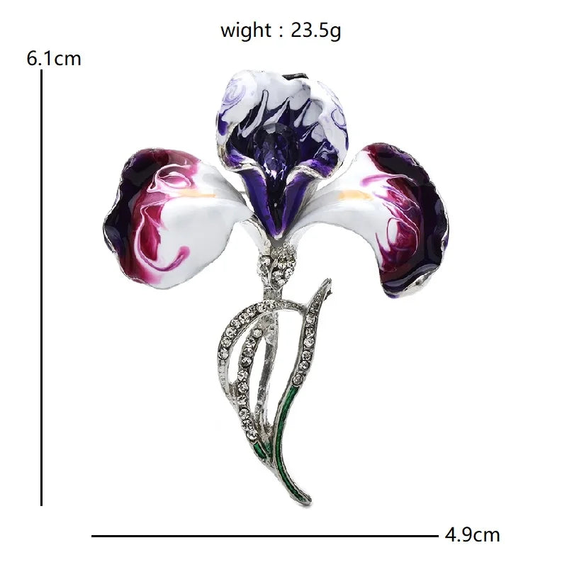 Purple Enamel Orchid with Rhinestone Stem Brooch dimensions and weight