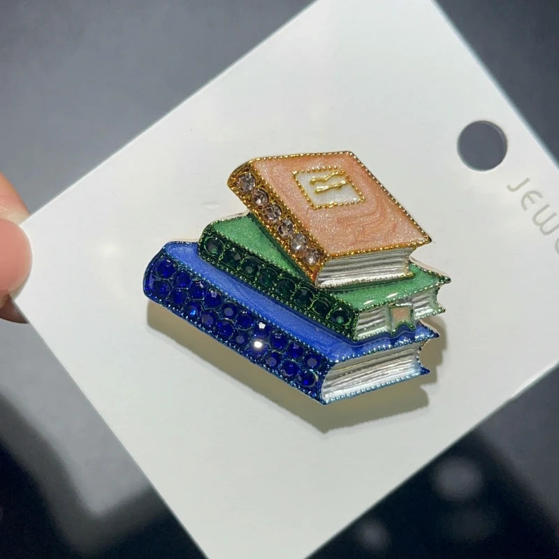 Enamel Stacked Books with Rhinestones Brooch