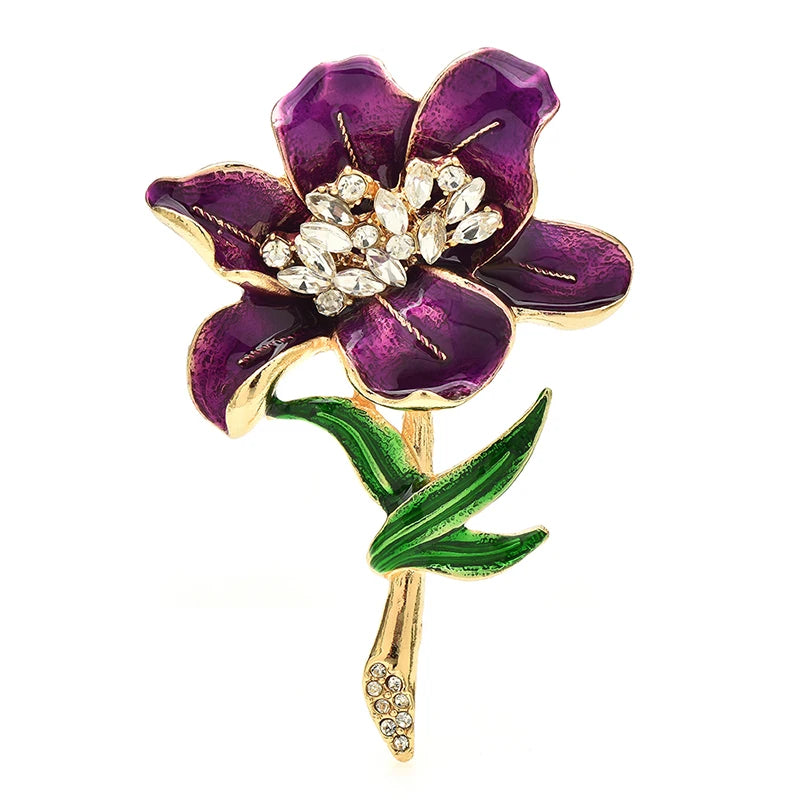 Large Enamel Flower with Jeweled Center Brooch — Purple
