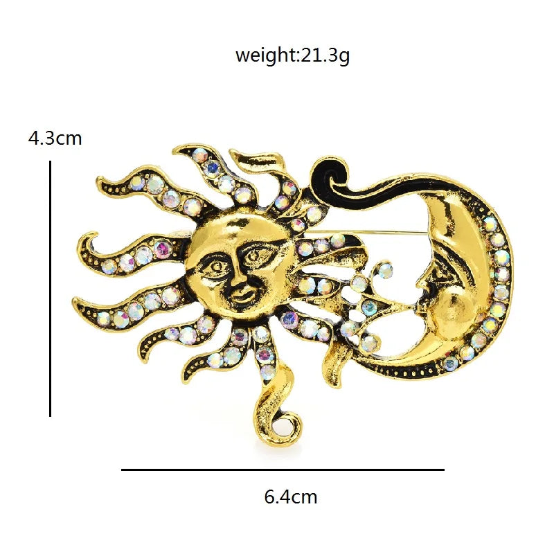 Jeweled Sun and Crescent Moon Brooch