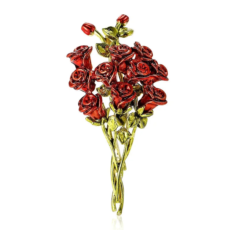 Red Enamel Rose Spray with Rhinestones Brooch — Red