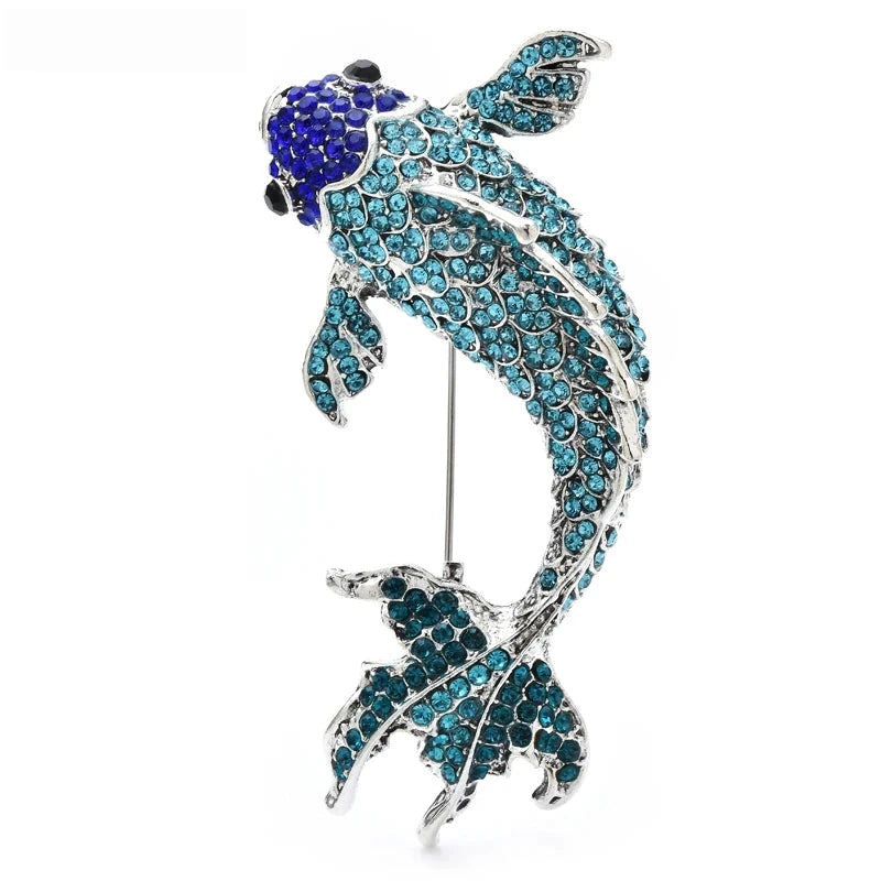 Jeweled Swimming Koi Fish Brooch — Blue & Teal