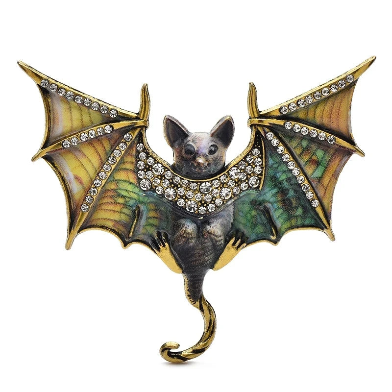 Patterned Enamel Bat with Rhinestones Brooch — Yellow & Gold