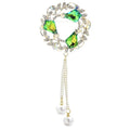 Jeweled Wheat Wreath with Pearl-Look Chain Tassels Brooch — Green