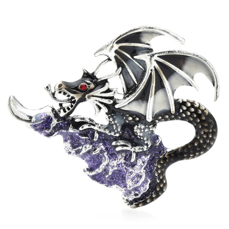 Enamel Dragon with Jeweled Wings Brooch — Gray & Purple
