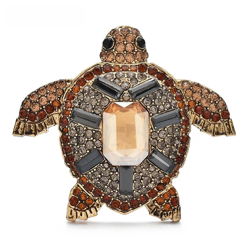 Amber-Tone Rhinestone Sea Turtle Brooch — Amber & Smoke