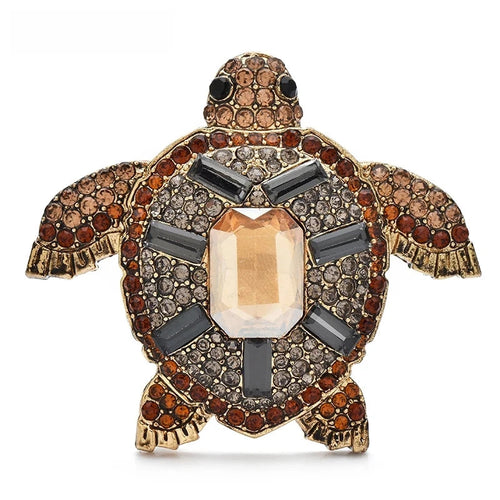 Amber-Tone Rhinestone Sea Turtle Brooch — Amber & Smoke