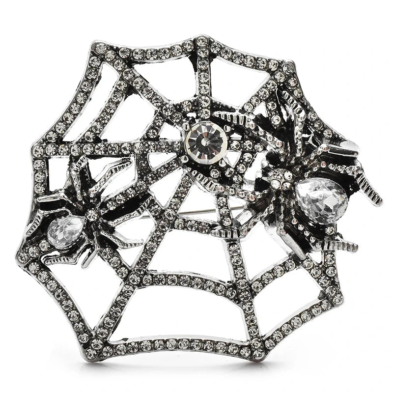 Spider on Rhinestone Web Brooch — Silver