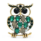 Jeweled Owl with Oversized Eyes Brooch — Green