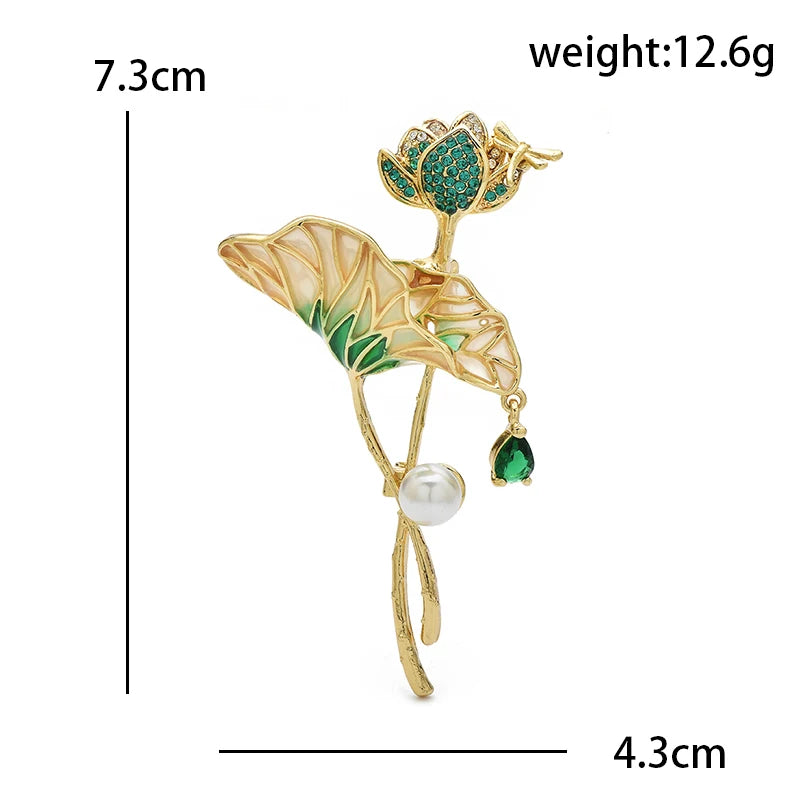 Golden Lotus with Pearl-Look Drops Brooch — dimensions