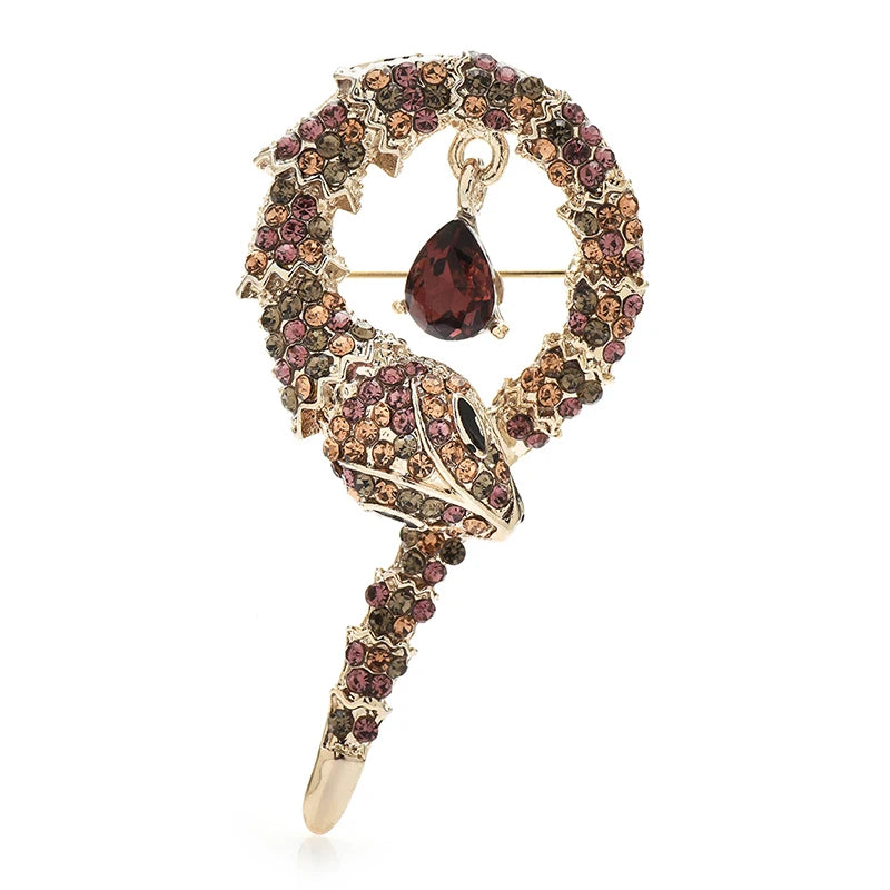 Coiled Rhinestone Snake Brooch — Brown