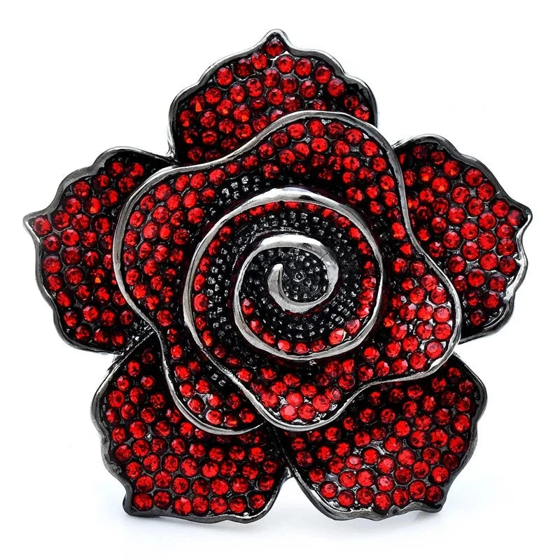 Spiral Rhinestone Rose Brooch — Red