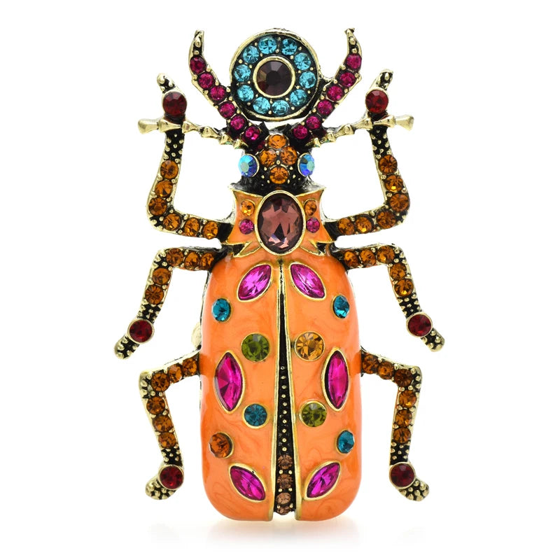 Ornate Enamel Beetle with Faceted Accents Brooch — Peach
