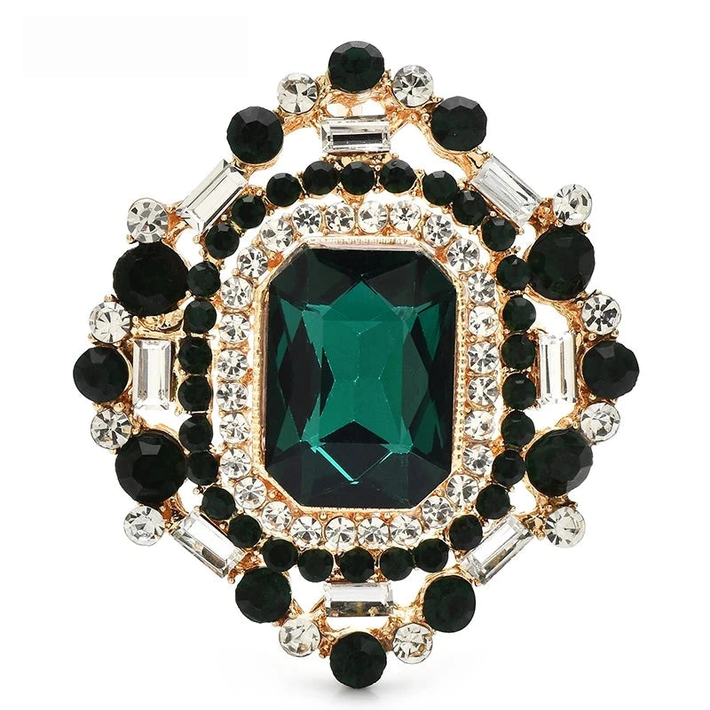 Vintage-Style Rectangular Faceted Stone Brooch — Green
