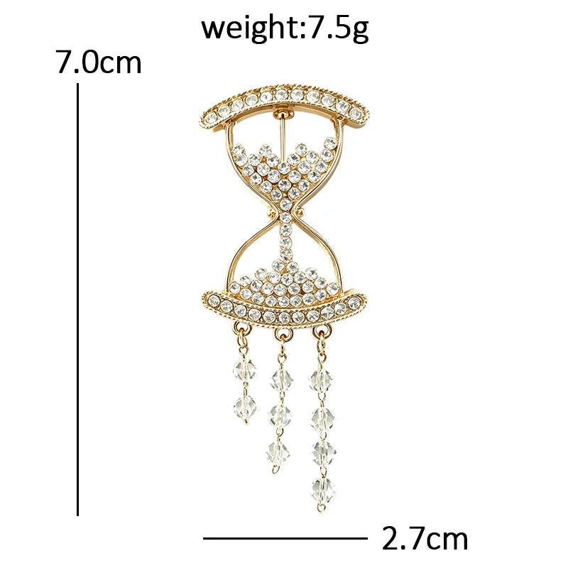 Rhinestone Hourglass with Chain Tassels Brooch