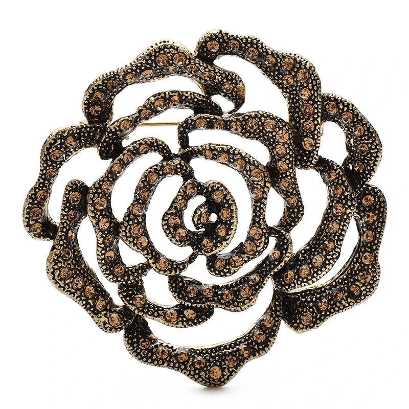 Openwork Rhinestone Rose Brooch — Champagne