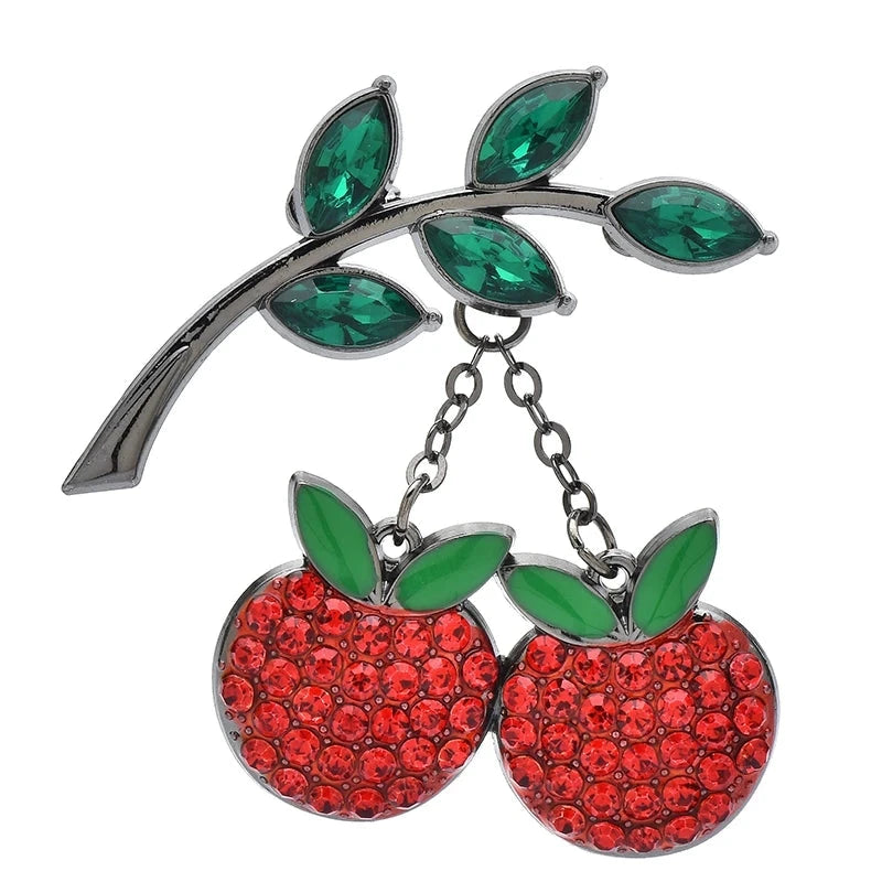 Rhinestone Cherries on Leafy Branch Brooch — Red