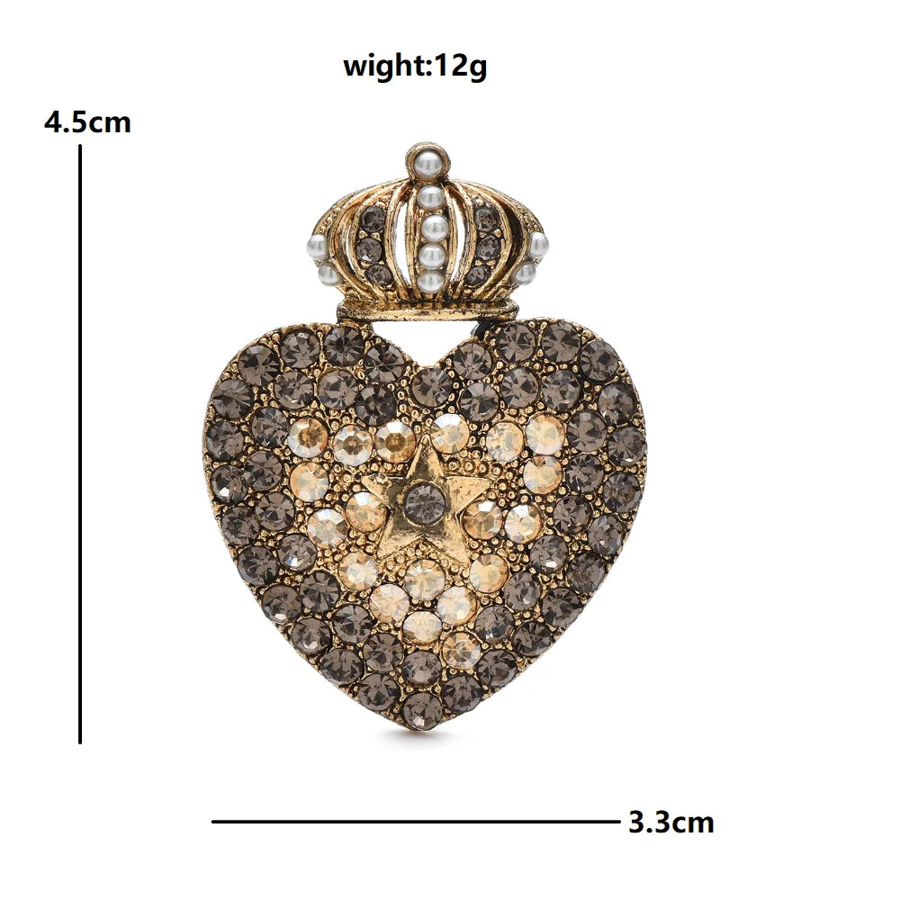 Vintage-Style Crowned Rhinestone Heart Brooch dimensions and weight