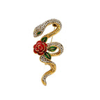 Jeweled Coiled Snake with Rose Flowers Brooch — Clear & Red Roses