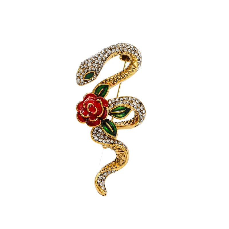 Jeweled Coiled Snake with Rose Flowers Brooch — Clear & Red Roses
