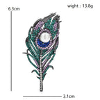 Jeweled Peacock Feather with Pearl-Look Center Brooch — dimensions