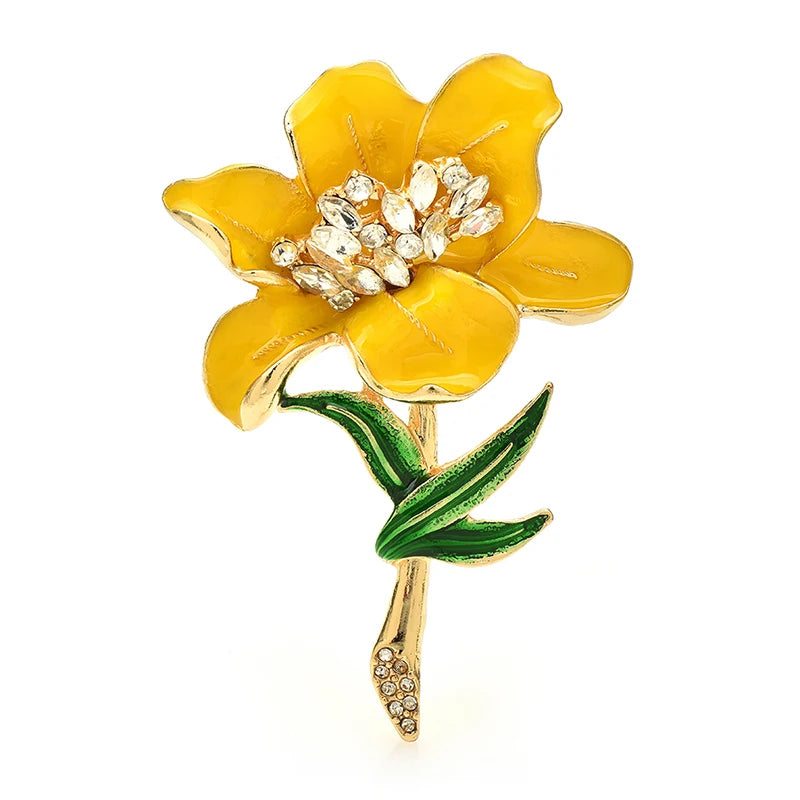 Large Enamel Flower with Jeweled Center Brooch — Yellow